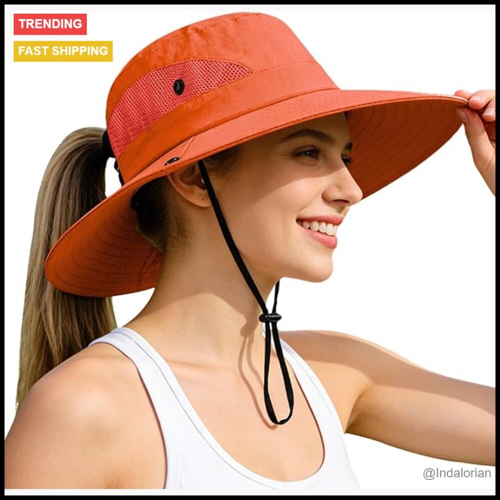 Ponytail Sun Hat Foldable Wide Brim Uv Protection Fishing Hiking Beach